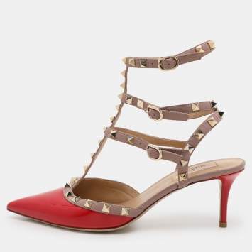 Pre Owned Valentino Red/Beige Patent Leather Rockstud Ankle Strap Pumps Size 40