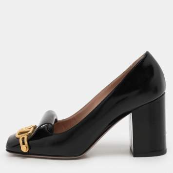Pre Owned Valentino Black Leather VLogo Club Block Heel Pumps Size 37