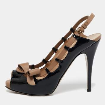 Pre Owned Valentino Black/Beige Patent Leather and Leather Bow Peep Toe Slingback Pumps Size 36.5