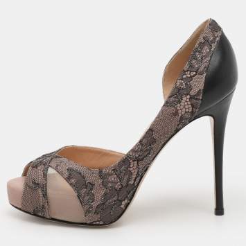 Pre Owned Valentino Beige/Black Lace and Leather Peep Toe Platform Pumps Size 36