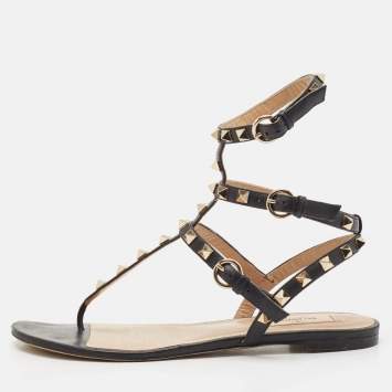 Pre Owned Valentino Black Leather Rockstud Ankle Strap Flat Sandals Size 38