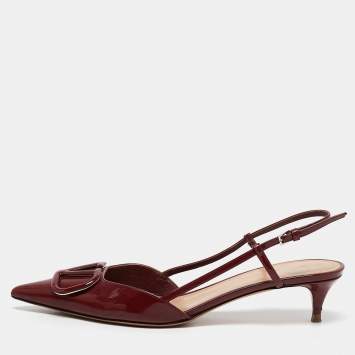Pre Owned Valentino Dark Burgundy Patent Leather VLogo Slingback Pumps Size 39