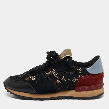 Pre Owned Valentino Black Leather And Lace Rockrunner Sneakers Size 36.5
