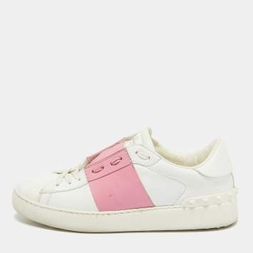 Pre Owned Valentino White/Red Leather Rockstud Lace Up Sneakers Size 39