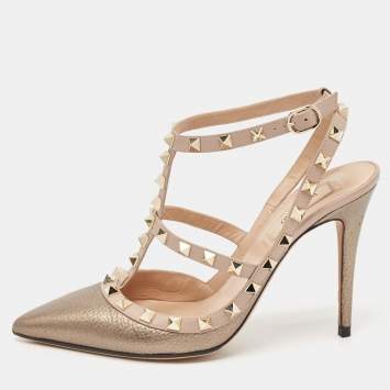 Pre Owned Valentino Gold/Beige Leather Rockstud Ankle Strap Pumps Size 38 