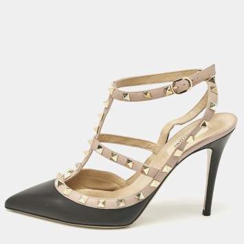 Pre Owned Valentino Black Leather Rockstud Caged Pumps Size 40
