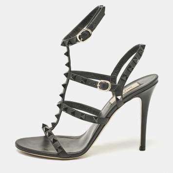 Pre Owned Valentino Black Leather Rockstud Cage Sandals Size 38