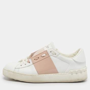 Pre Owned Valentino White/Beige Leather Rockstud Low Top Sneakers Size 38.5