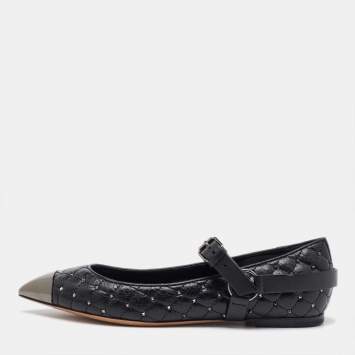 Valentino Black Leather Rockstud Spike Ankle Strap Cap Toe Pointed Ballerina Flats Size 39