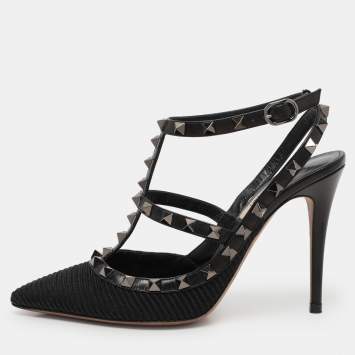 Pre Owned Valentino Black Fabric and Leather Rockstud Ankle Strap Pumps Size 37