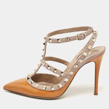 Pre Owned Valentino Yellow/Beige Leather Rockstud Ankle Strap Pumps Size 37