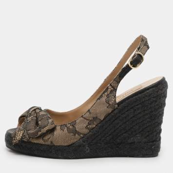 Pre Owned Valentino Black/Beige Lace Bow Slingback Wedge Espadrille Sandals Size 36.5