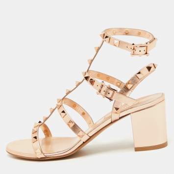 Pre Owned Valentino Metallic Leather Rockstud Ankle Strap Sandals Size 38
