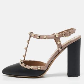 Pre Owned Valentino Black/Dusty Pink Leather Rockstud Caged Pumps Size 38