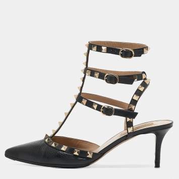 Pre Owned Valentino Black Leather Rockstud Caged Pumps Size 39