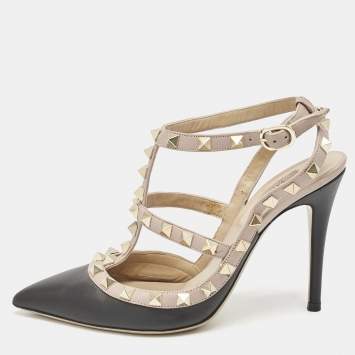 Pre Owned Valentino Black/Dusty Pink Leather Rockstud Caged Pumps Size 36