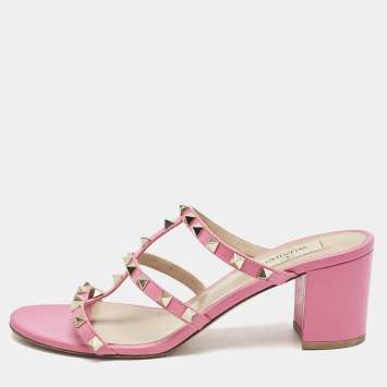 Pre Owned Valentino Pink Leather Rockstud Slide Sandals Size 40