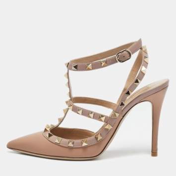Pre Owned Valentino Beige Leather Rockstud Cage Pumps Size 36.5