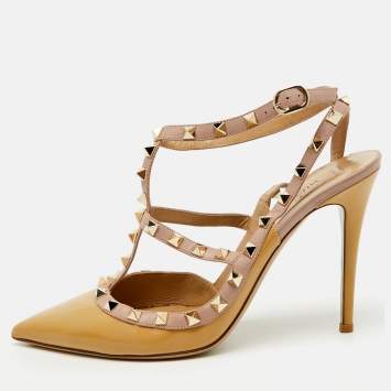 Valentino Beige/Pink Patent Leather Rockstud Ankle Strap Pumps Size 41