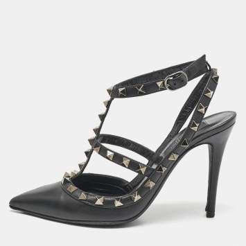 Pre Owned Valentino Black Leather Rockstud Ankle Strap Pumps Size 36