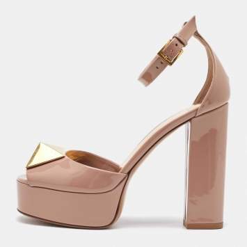 Pre Owned Valentino Beige Patent Leather One Stud Platform Ankle Strap Sandals Size 36