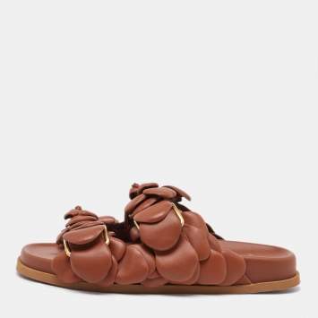 Pre Owned Valentino Brown Leather Atelier 03 Rose Edition Flat Slide Sandals Size 37