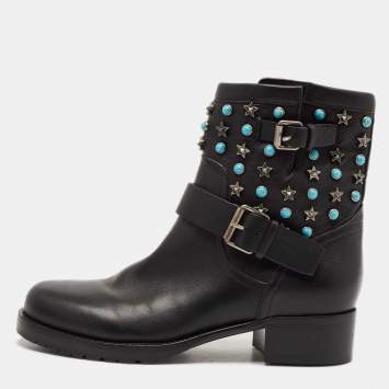Pre Owned Valentino Black Leather Rockstud Biker Boots Size 37.5