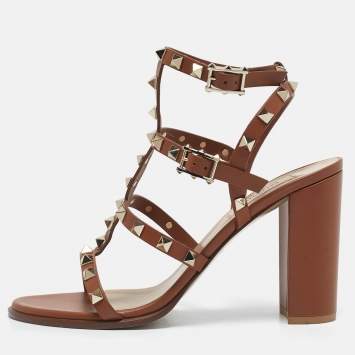 Pre Owned Valentino Brown Leather Rockstud Ankle Strap Sandals Size 38