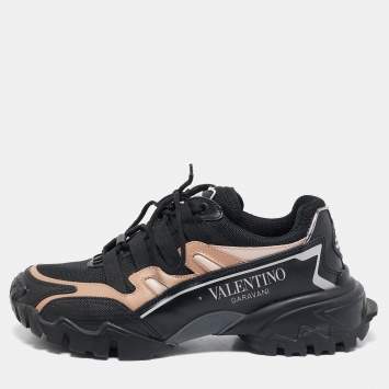 Pre Owned Valentino Fluorescent Black/Beige Mesh and Leather Climbers Sneakers Size 36