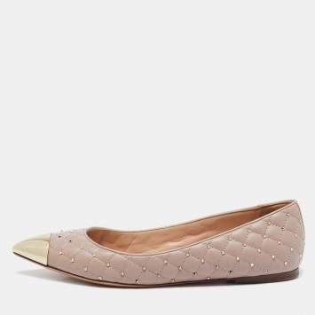 Pre Owned Valentino Beige Leather Rockstud Cap Toe Ballet Flats Size 39