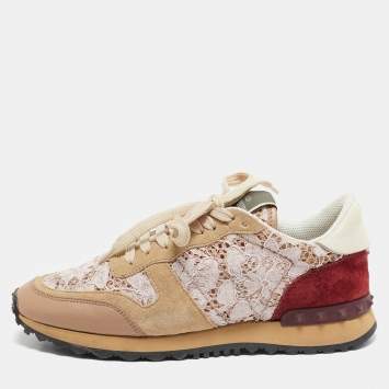 Pre Owned Valentino Pink/Beige Leather and Suede Camouflage Rockrunner Low Top Sneakers Size 37