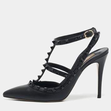 Valentino Black Leather Rockstud Ankle Strap Pumps Size 40