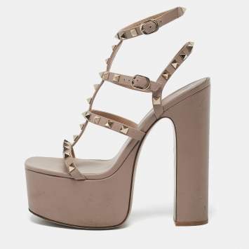 Pre Owned Valentino Dusty Pink Leather Rockstud Ankle Strap Block Heel Platform Sandals Size 39