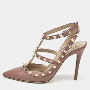 Pre Owned Valentino  Dusty Pink Leather Rockstud Ankle Strap Pumps Size 37