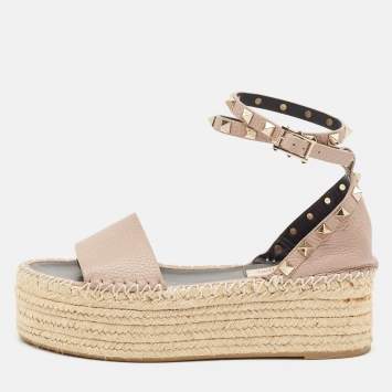 Pre Owned Valentino Blush Leather Rockstud Platform Espadrille Sandals Size 36