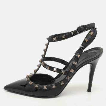 Pre Owned Valentino Black Patent Leather Rockstud Ankle Strap Pumps Size 37