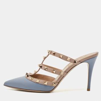 Pre Owned Valentino Blue/Beige Leather Rockstud Slide Sandals Size 39.5