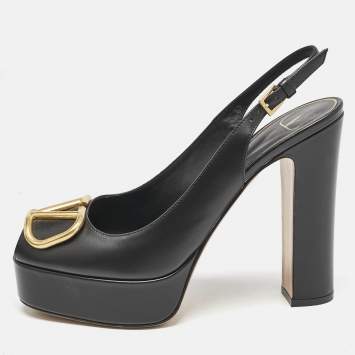 Pre Owned Valentino Black Leather Peep Toe Platform Slingback Pumps Size 38.5