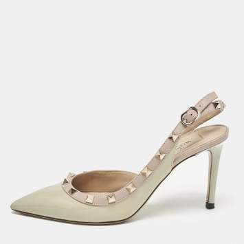 Pre Owned Valentino Dusty Pink/Green Patent and Leather Rockstud D'orsay Slingback Pumps Size 37