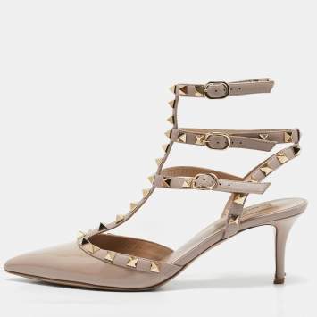 Pre Owned Valentino Beige/Pink Patent Leather and Leather Rockstud Ankle Strap Pumps Size 39.5
