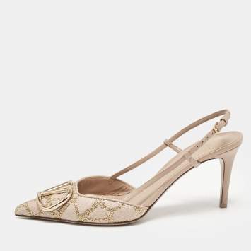 Pre Owned Valentino Beige/Gold Iconograph Fabric VLogo Slingback Pumps Size 37