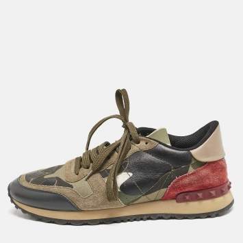 Pre Owned Valentino Multicolor Camouflage Suede and Leather Rockrunner Sneakers Size 39.5