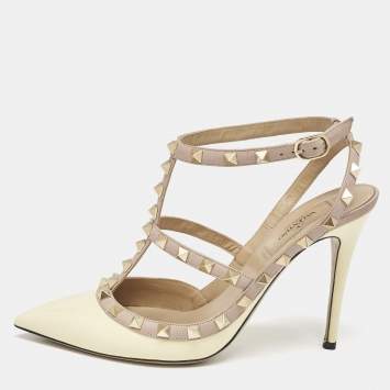 Pre Owned Valentino Yellow/Dusty Pink Patent Leather Rockstud Caged Ankle Strap Pumps Size 39
