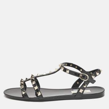 Pre Owned Valentino Black Rubber Rockstud Ankle Strap Flat Sandals Size 38