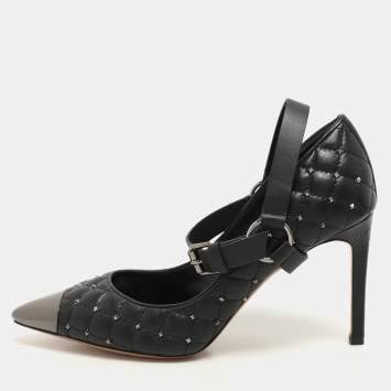 Pre Owned Valentino Black Quilted Leather Rockstud Spike Ankle Strap Cap Toe Pointed Pumps Size 36.5