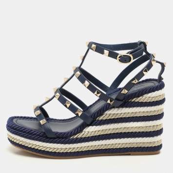 Valentino Blue Leather Rockstud Strappy Wedge Sandals Size 37