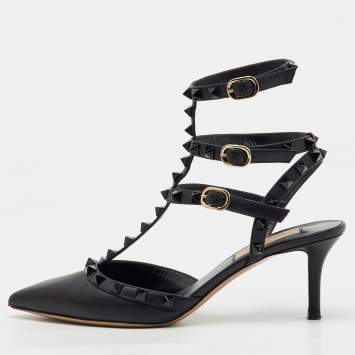 Pre Owned Valentino Black Leather Rockstud Caged Ankle Strap Pumps Size 37