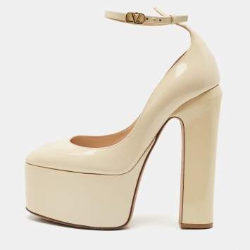 Pre Owned Valentino Cream Patent Leather Tango Platform Ankle Strap Block Heel Pumps Size 37