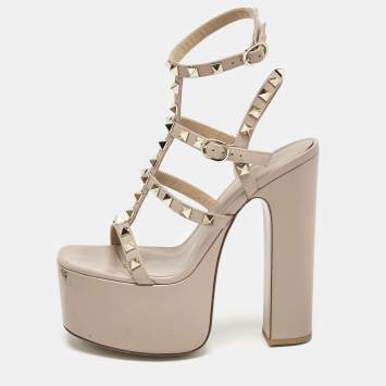 Pre Owned Valentino Dusty Pink Leather Rockstud Ankle Strap Block Heel Platform Sandals Size 36.5