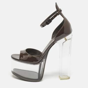 Pre Owned Valentino Dark Brown Patent Leather and Vinyl Tan-Go Platform Ankle Strap Sandals Size 36